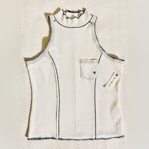Anthropologie Pilcro- White Ribbed High Neck Black Embroidery Detail Tank Top